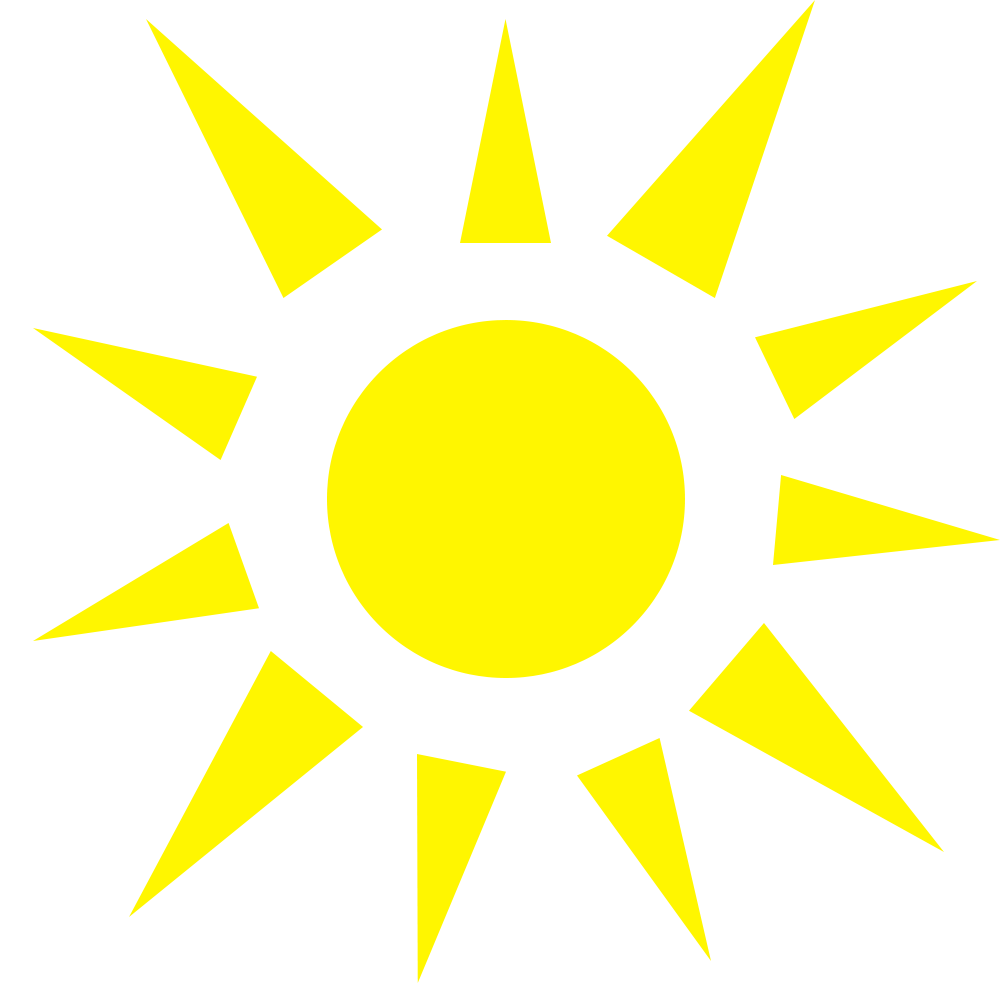 Yellow geometric sun with a square centre and triangular rays extending outward